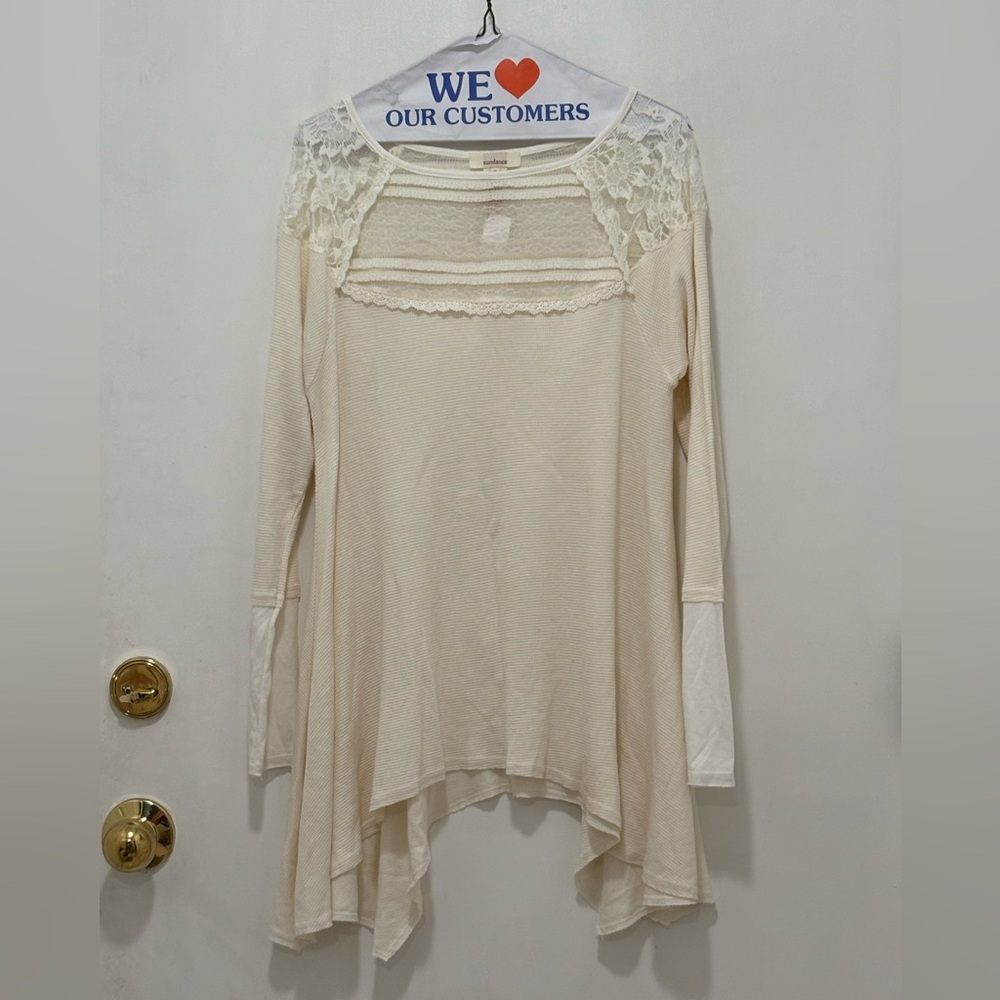 SUNDANCE Tunic Top Womens Small White Waffle Knit Crochet Boho Shirt Coastal